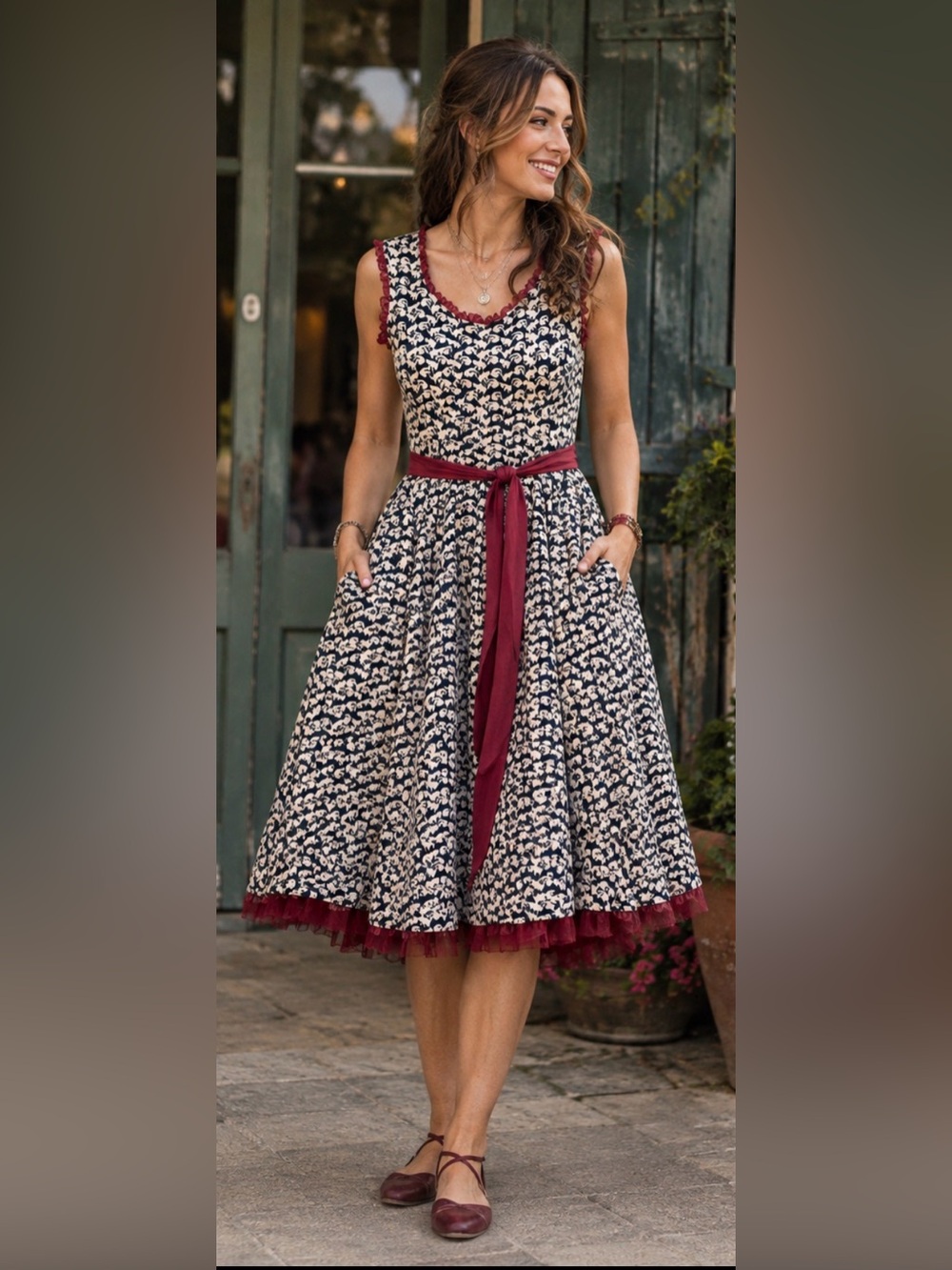 Effie’s Heart Squirrel Print Fit & Flare Dress Tulle Trim Tie Waist
